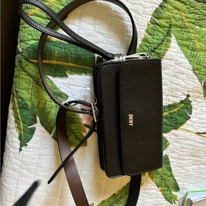 DKNY Black Pebbled Leather Crossbody Wallet Bag with Gold Logo